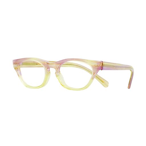 Yellow and purple petite glasses with cat eye shape.