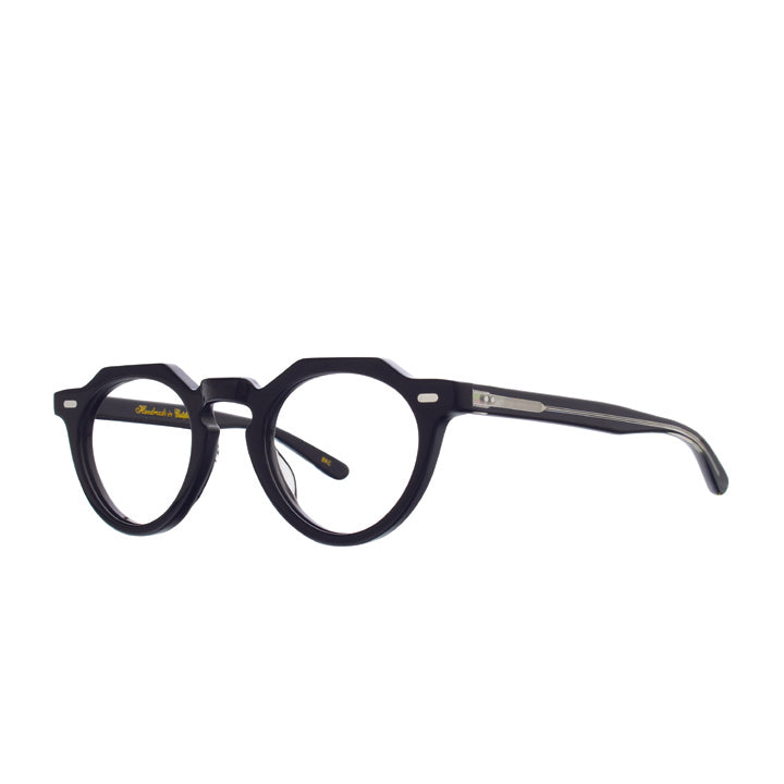 Profile of unisex black glasses with flat top round shape.