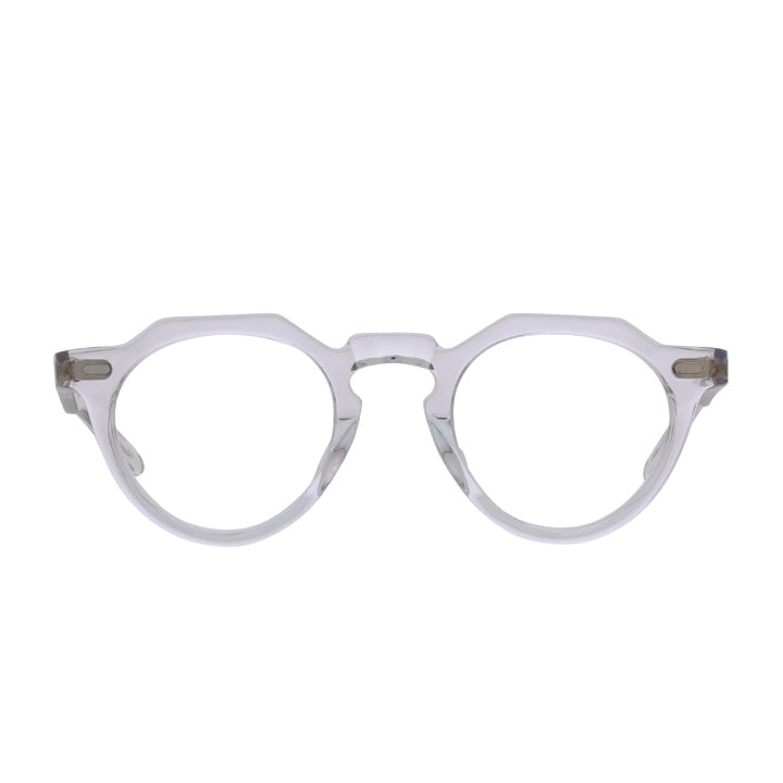 Crystal clear round flat top eyeglass frames.