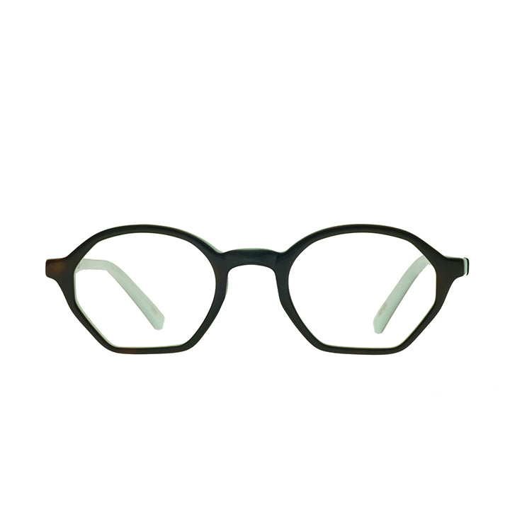 Dark tortoise glasses with seafoam accent, geometric shape.