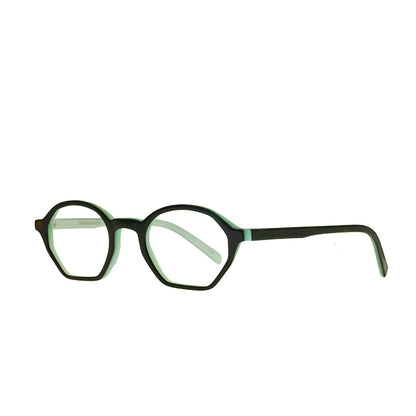 Geometric shaped glasses in dark tortoise glasses with seafoam accent.
