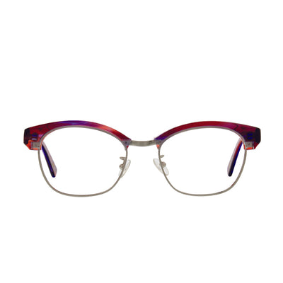 Colorful red, blue, and purple horn rimmed glasses with adjustable nose pads and silver chassis.
