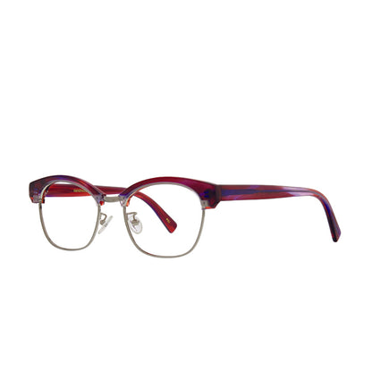 Side view of blue, red, and purple browline glasses for prescription lenses. Adjustable nose pads and silver chassis.