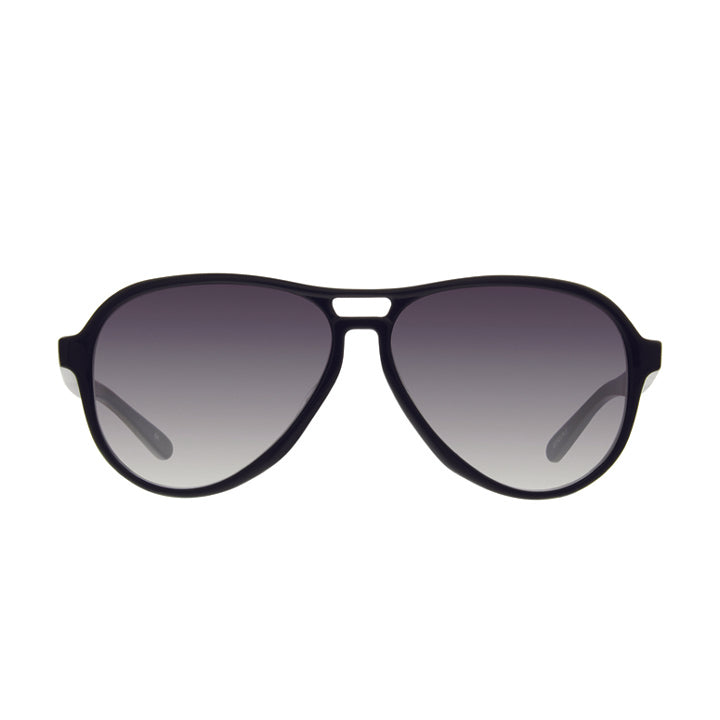 Gender neutral aviator sunglasses with double bridge. Black color with gray gradient lenses.