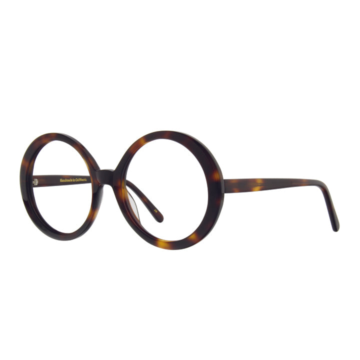 Classic tortoise eyeglasses with oversized round shape, made in California.