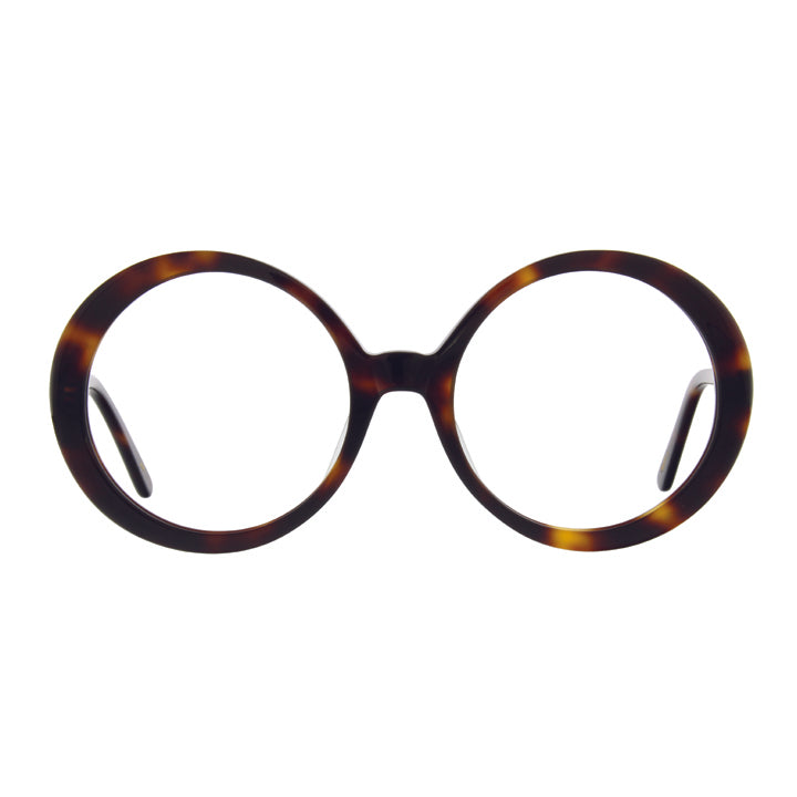 Oversized round prescription glasses with a slight feminine shape. Classic tortoise black and brown.