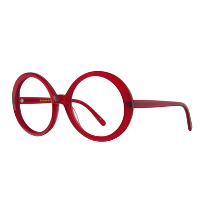 Red oversized round eyeglasses made in California.