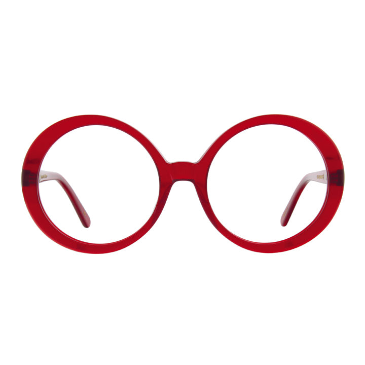 Red oversized round eyeglasses with slight feminine curve.
