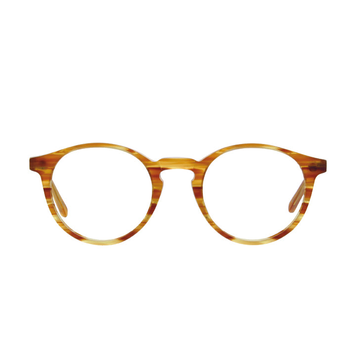 Front face view of P3 round glasses with keyhole bridge in light tortoise color.