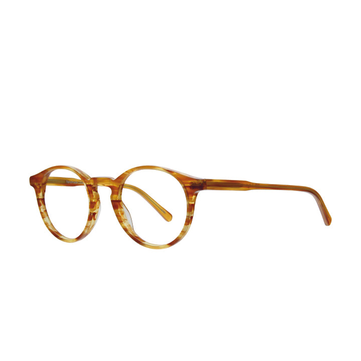 Profile view of round glasses in light tortoise amber color.