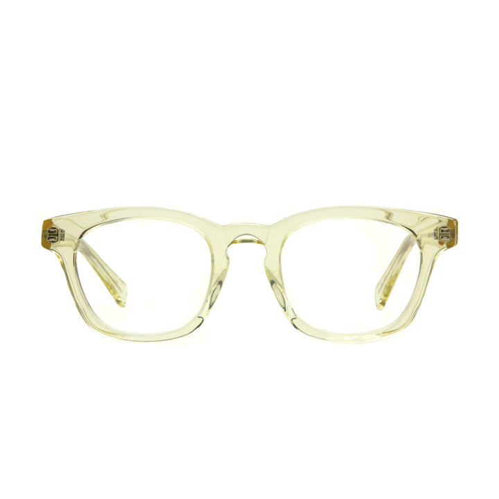 Champaign glasses for petite faces. Light yellow frames with narrow bridge in keyhole shape.