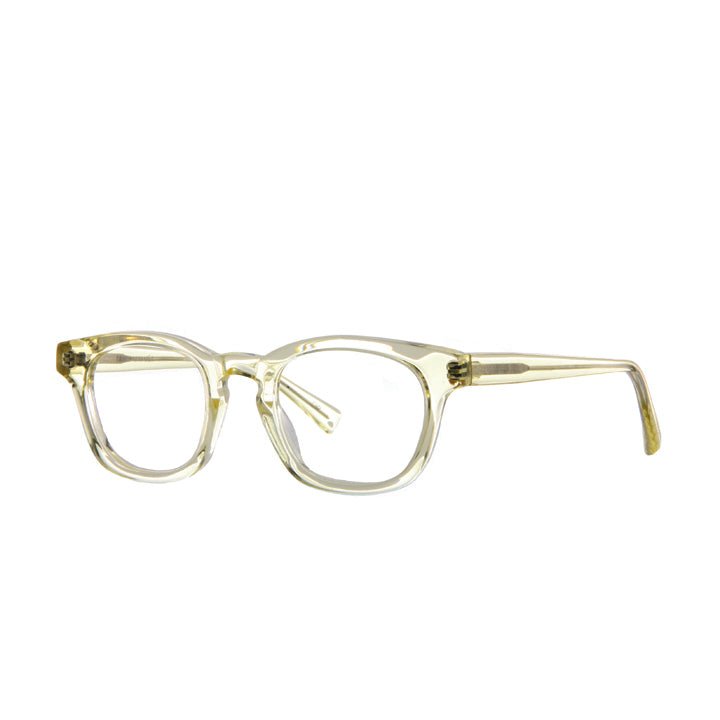 Profile of petite glasses in champaign, light yellow minimal prescription ready glasses.