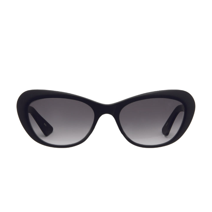 USA made, black cat eye sunglasses with gradient lens. Rx friendly, prescription ready, soft cat eye eye glass frame.