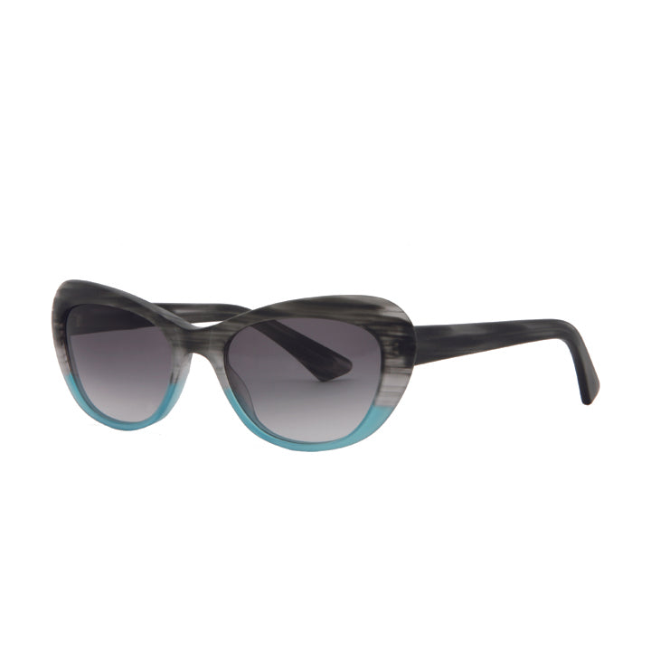Profile view of Angel eyeglass frame. Gray streak and blue cat eye sunglasses, handmade in California.