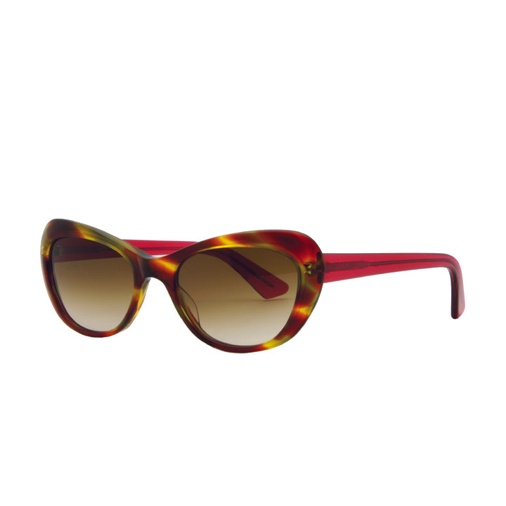 Profile view of USA made, tortoise red sunglasses.