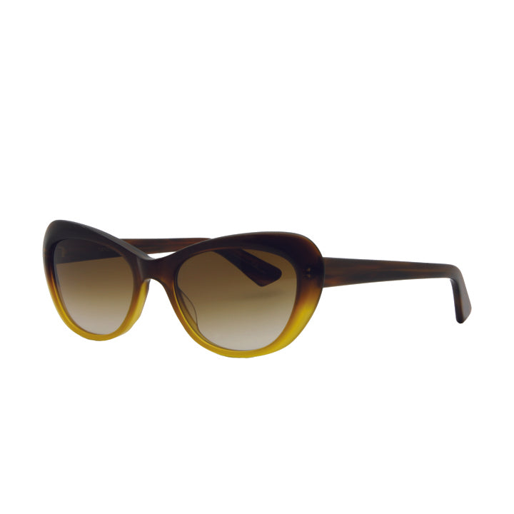 Side view of yellow and brown cat eye sunglasses, handmade in California.