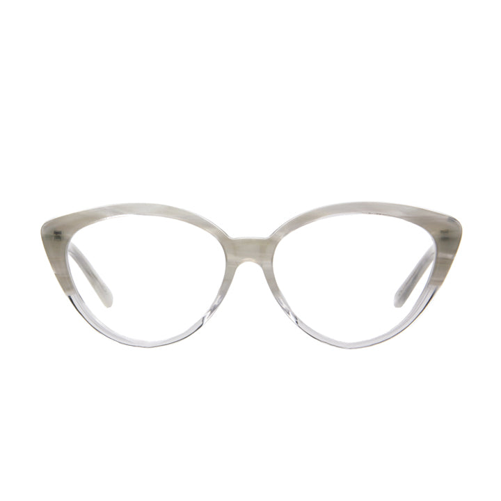 Clear and white cat eye glasses made in USA.