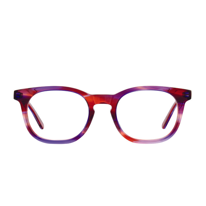 Purple and red glasses with a classic shape and keyhole bridge. Made in USA