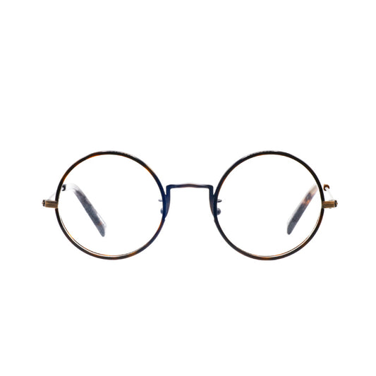 A pair of round full frame metal eyeglasses, copper frame with tortoise accents and temples.