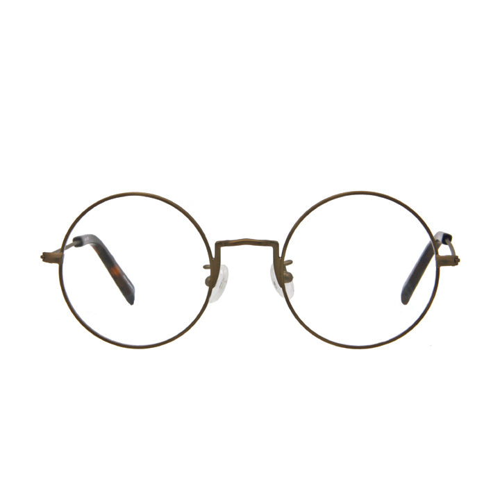 Perfectly round metal glasses copper color with nose pads.