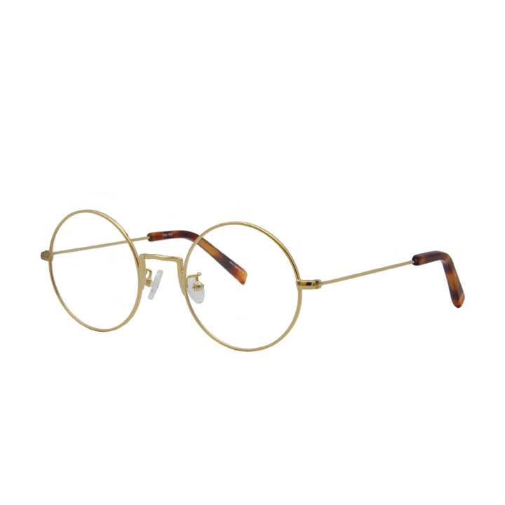 Perfectly round gold metal prescription glasses with nose pads.
