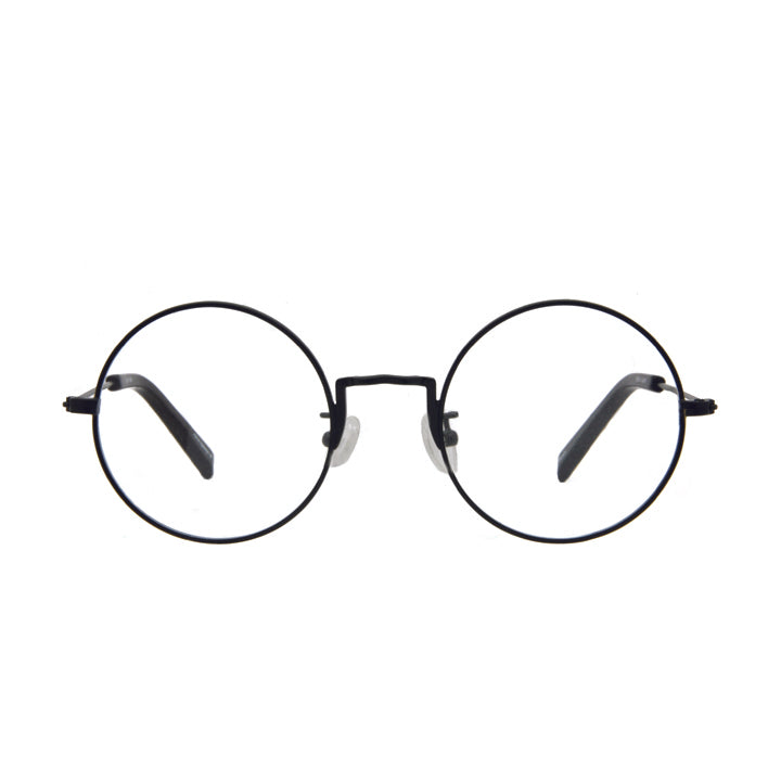 Black round eyeglass frames with nose pads.