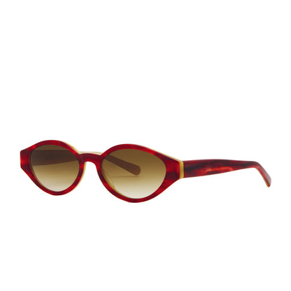 Profile of narrow oval 90s sunglasses for prescriptions in red, made in USA..