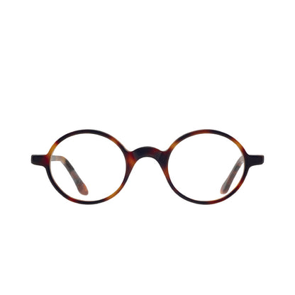 Face or front of perfectly round tortoise glasses in amber.