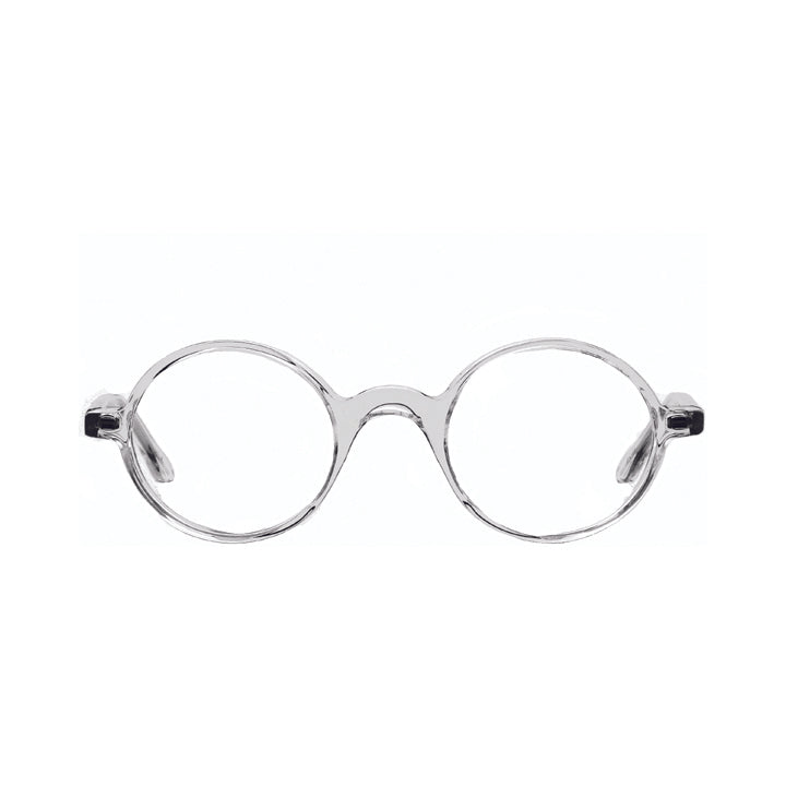 Clear petite round glasses, front view.