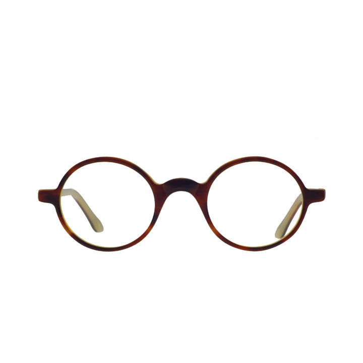 Front view of mahogany brown glasses in petite size.