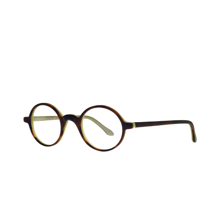 Side view of two tone mahogany brown glasses with cream inside. Petite narrow size.