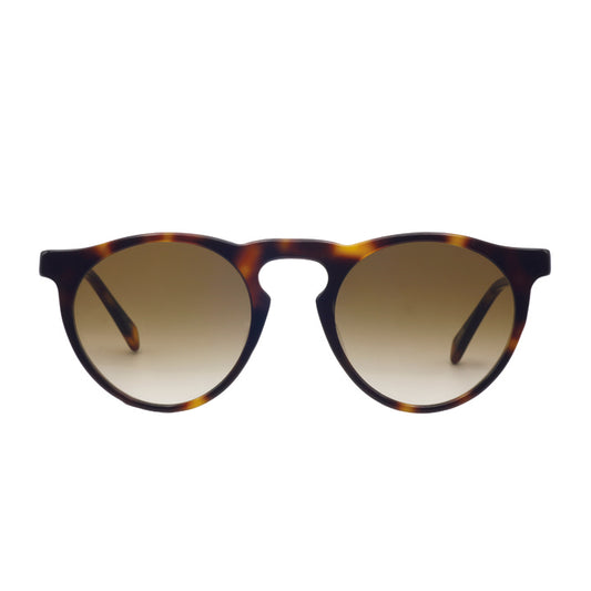 Round full rim sunglasses with a keyhole bridge, in a tortoise color pattern with a brown tinted lens.