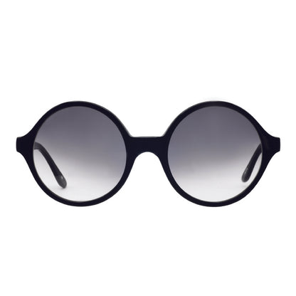 Minimal style, shiny black big sunglasses with round lenses and gray gradient tint.