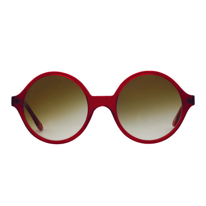 Oversized round sunglasses in shiny red and lenses with brown lens fade.