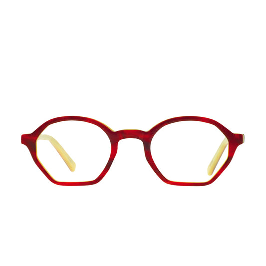 Red gender neutral glasses with geometric shape and contrast cream color.