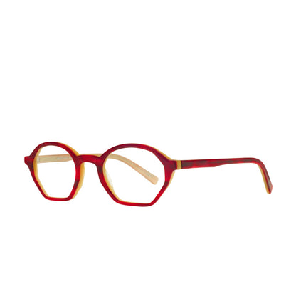 Red gender neutral glasses with geometric shape hadmade in California.
