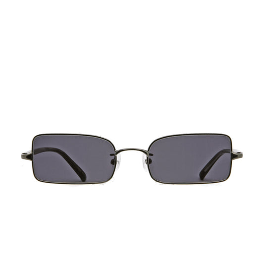 A pair of gray metal sunglasses with adjustable nose pads, a silver metal frame, and tortoise temples.