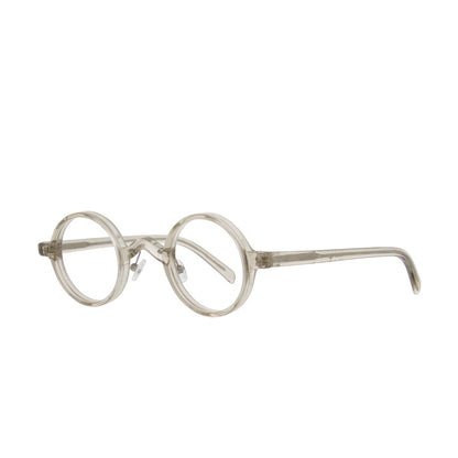 Perfectly round glasses with adjustable nose pads in clear, see through plastic. Profile view shows temples.